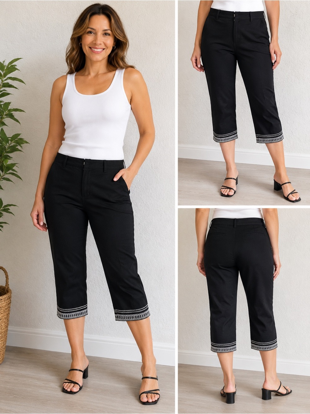 Nygard Petites 12 Black Embroidered White Hem Capri Pants Cotton Cropped Pants